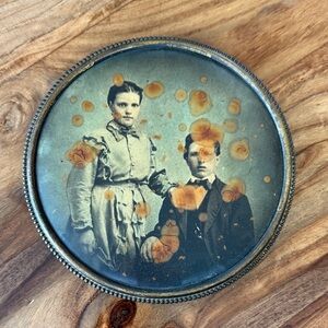 Antique Sepia and Gray Vintage Portrait Metal Portrait Couple 1800s